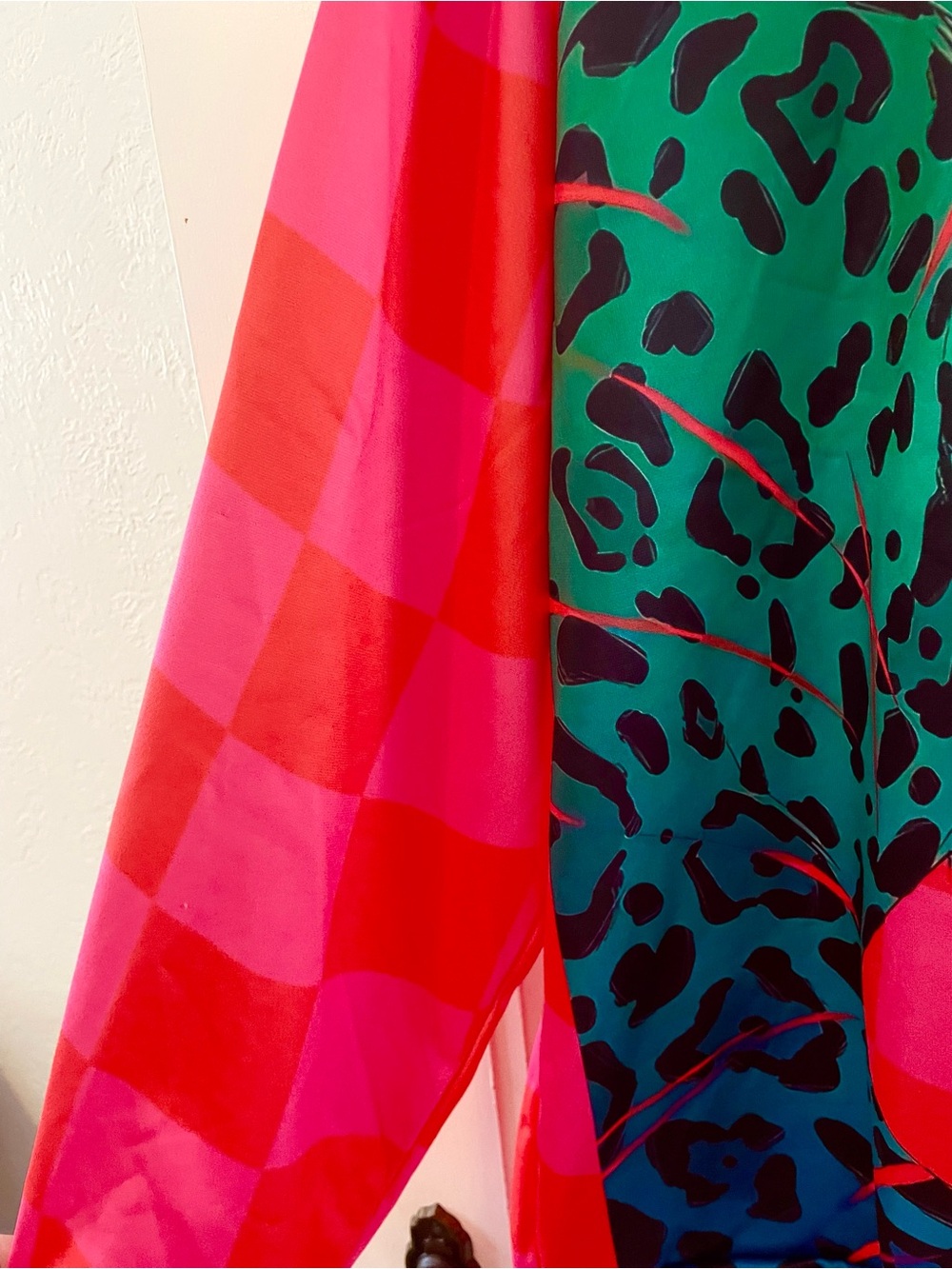 Bright Pink And Orange Checkerboard Sweatshirt with Teal Leopard Graphic - Picture 3 of 4